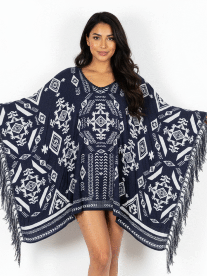 Fringe Poncho - Navy & White