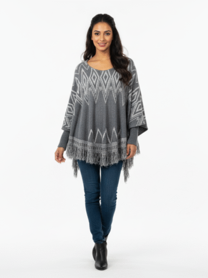 Ethnic Diamond Pattern Fringe Poncho