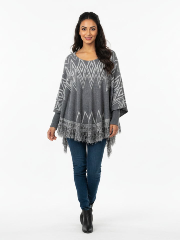 Ethnic Diamond Pattern Fringe Poncho