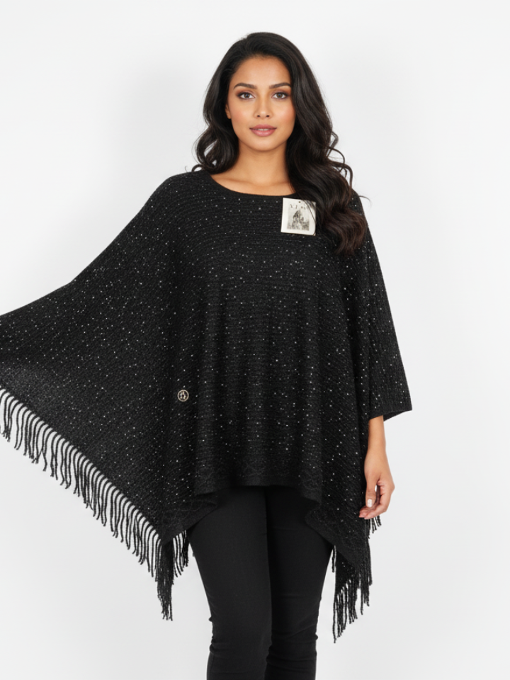 Women's Black Sequin Fringe Poncho