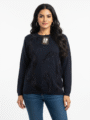 L Size Women's Embellished Navy Sweater with Velvet & Beading-1 - MeriKart
