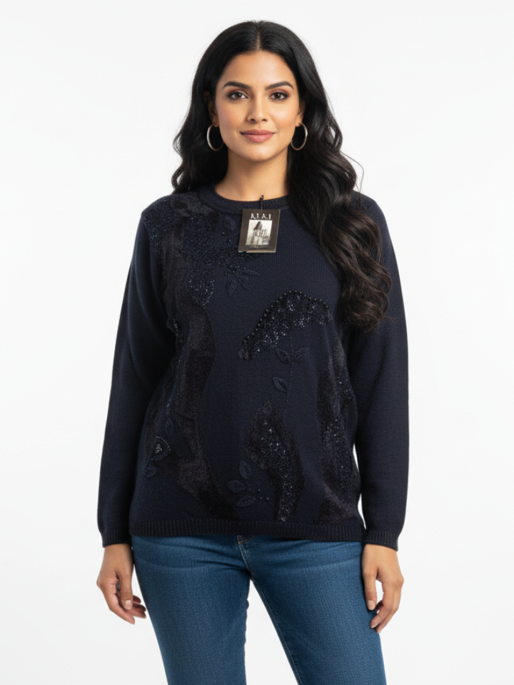L Size Women's Embellished Navy Sweater with Velvet & Beading-1 - MeriKart