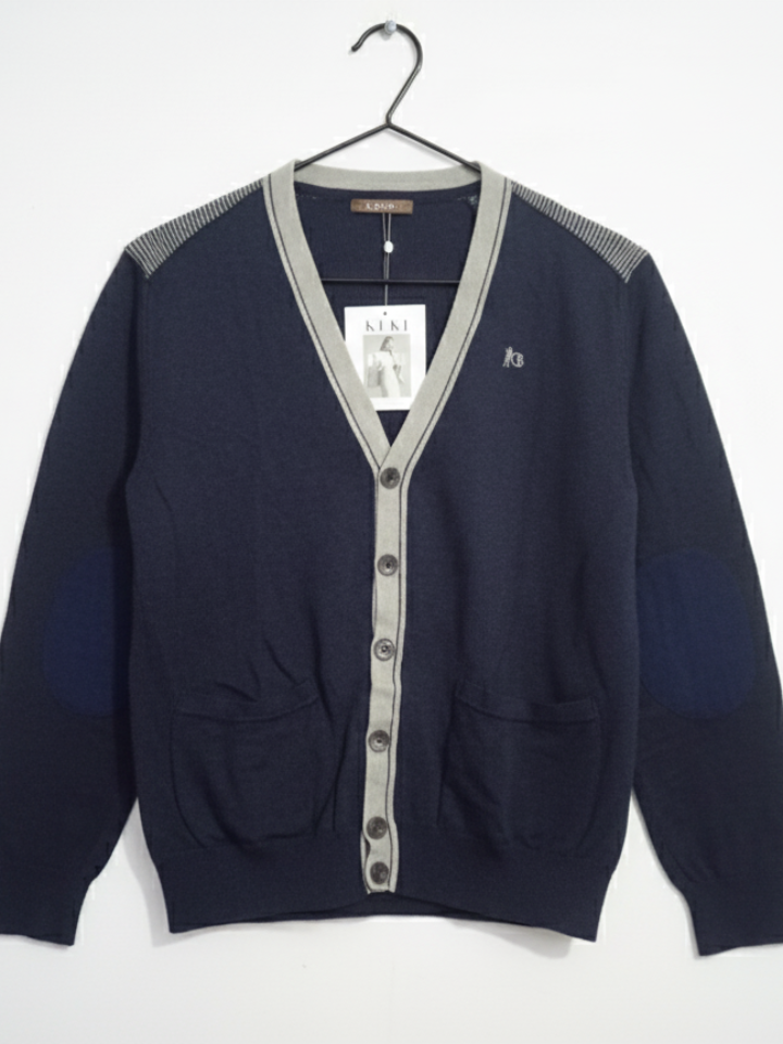 Men's Classic V-Neck Button-Up Cardigan - Navy Blue with Contrast Trim-1 - MeriKart