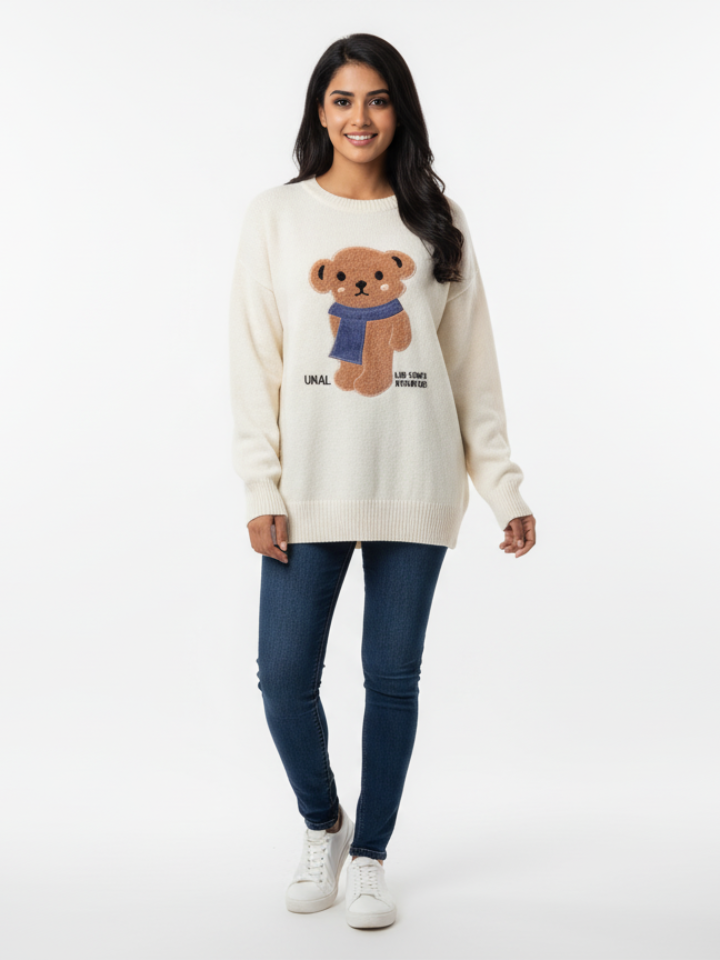 Oversized XXL Cream Ivory Teddy Bear Graphic Knit Sweater-1 - MeriKart