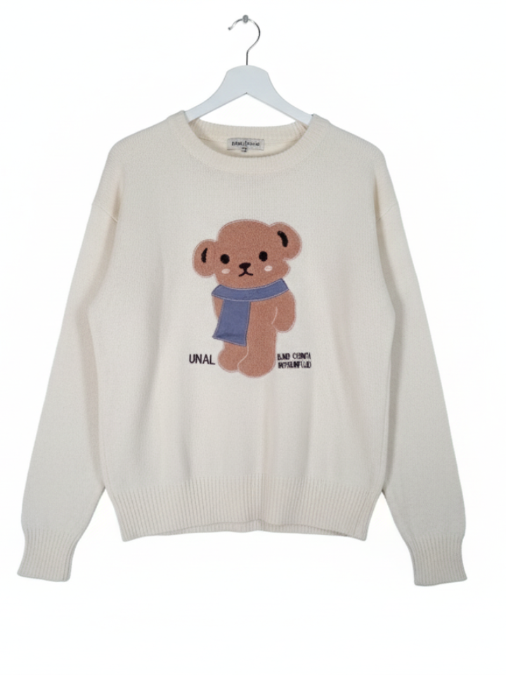 Oversized XXL Cream Ivory Teddy Bear Graphic Knit Sweater - MeriKart