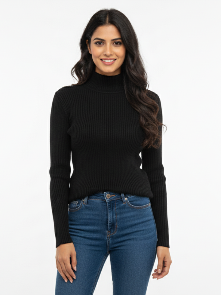 S Size Women's Black Ribbed Mock Neck Sweater-1 - MeriKart