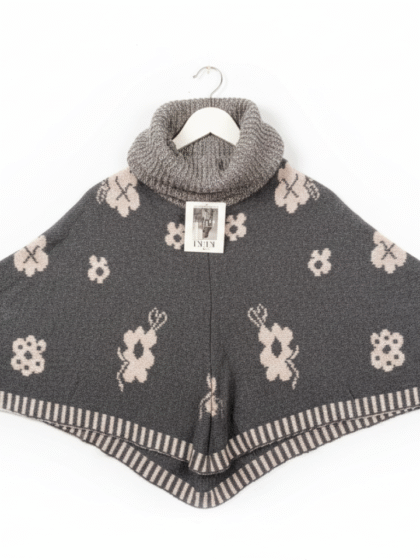 Women's Knit Poncho - Floral Pattern Turtleneck
