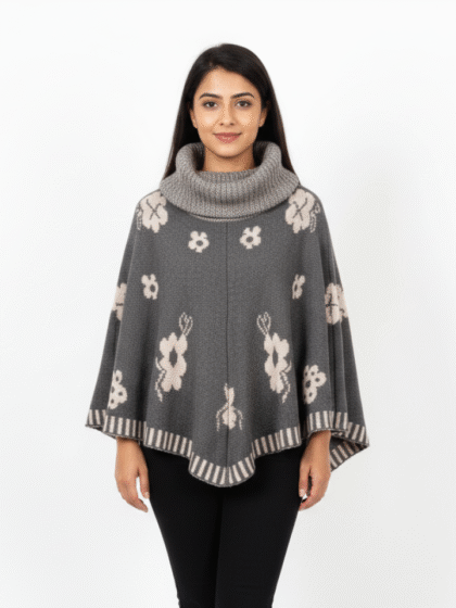 Women's Knit Poncho - Floral Pattern Turtleneck